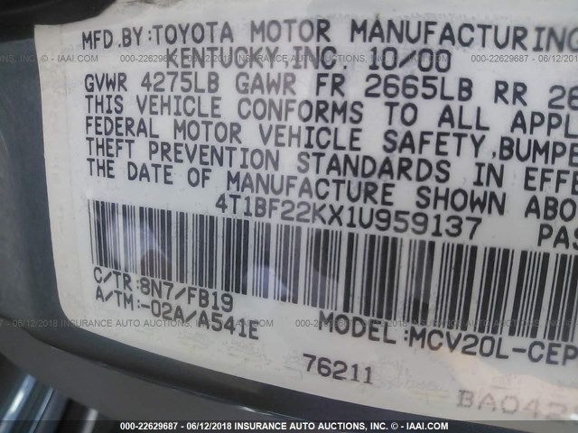 4T1BF22KX1U959137 - 2001 TOYOTA CAMRY LE/XLE BLUE photo 9