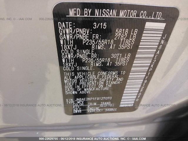 JN8AE2KP1F9127070 - 2015 NISSAN QUEST S/SV/SL/PLATINUM SILVER photo 9