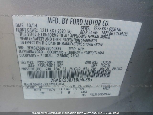 2FMGK5B87EBD40885 - 2014 FORD FLEX SE SILVER photo 9