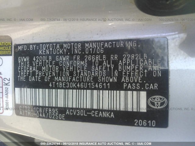 4T1BE30K46U154611 - 2006 TOYOTA CAMRY LE/XLE/SE ვერცხლისფერი ფოტო 9