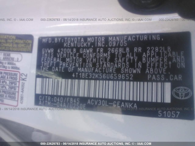 4T1BE32K56U659652 - 2006 TOYOTA CAMRY LE/XLE/SE თეთრი ფოტო 9