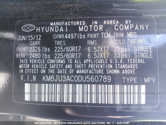 KM8JU3AC0DU560789 - 2013 HYUNDAI TUCSON GLS/LIMITED BLACK photo 9