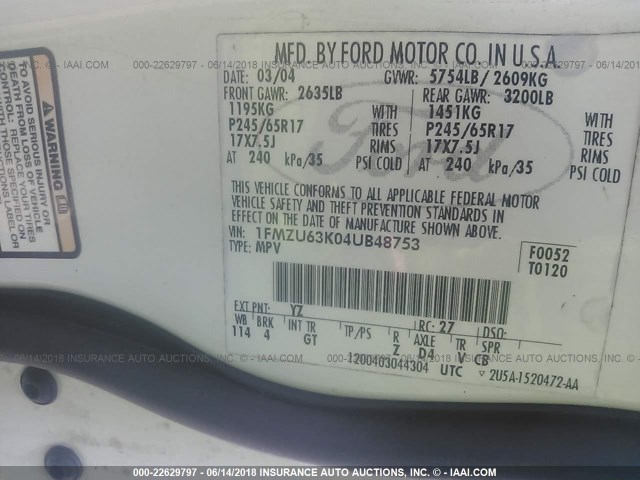 1FMZU63K04UB48753 - 2004 FORD EXPLORER XLT/XLT SPORT/NBX 白色 照片 9