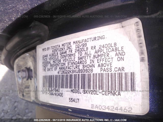 4T1BG22K9XU893928 - 1999 TOYOTA CAMRY CE/LE/XLE BLUE photo 9