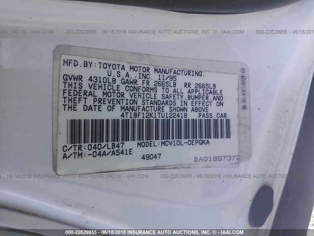 4T1BF12K1TU122418 - 1996 TOYOTA CAMRY LE/XLE/SE 白色 照片 9