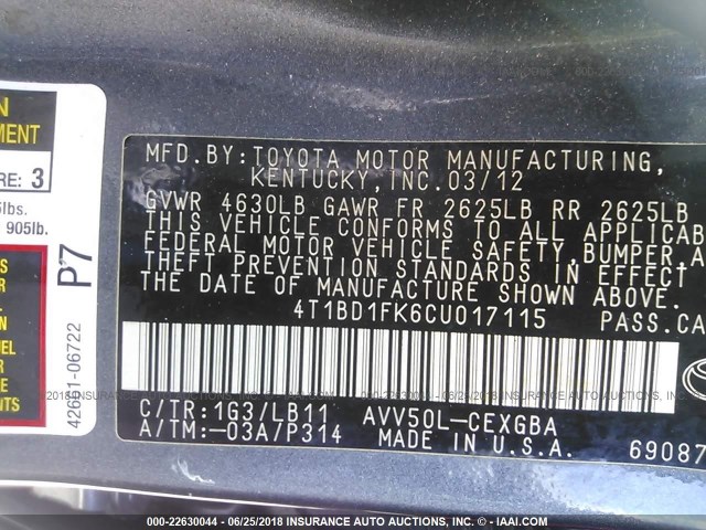 4T1BD1FK6CU017115 - 2012 TOYOTA CAMRY HYBRID/LE/XLE 灰色 照片 9