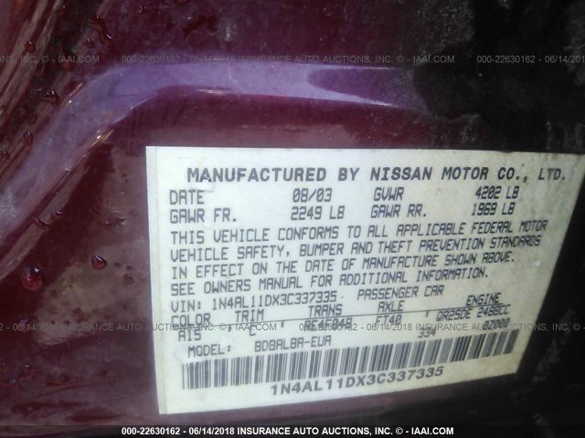 1N4AL11DX3C337335 - 2003 NISSAN ALTIMA S/SL RED photo 9