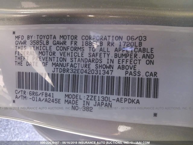 JTDBR32E042031347 - 2004 TOYOTA COROLLA CE/LE GRAY photo 9