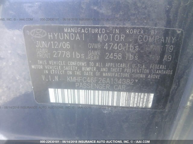 KMHFC46F26A134382 - 2006 HYUNDAI AZERA SE/LIMITED BLUE photo 9