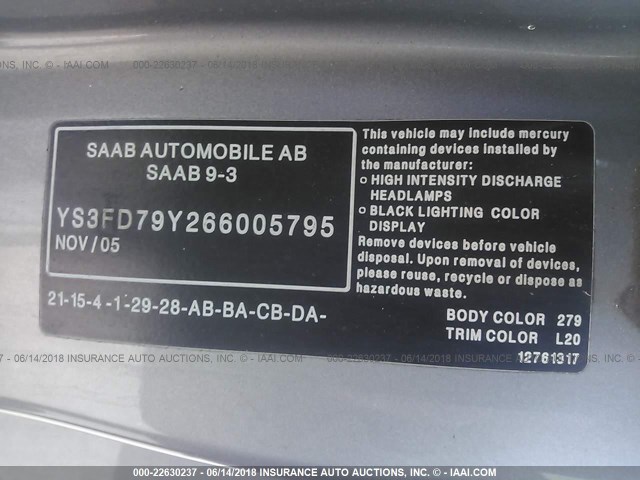 YS3FD79Y266005795 - 2006 SAAB 9-3 GRAY photo 9