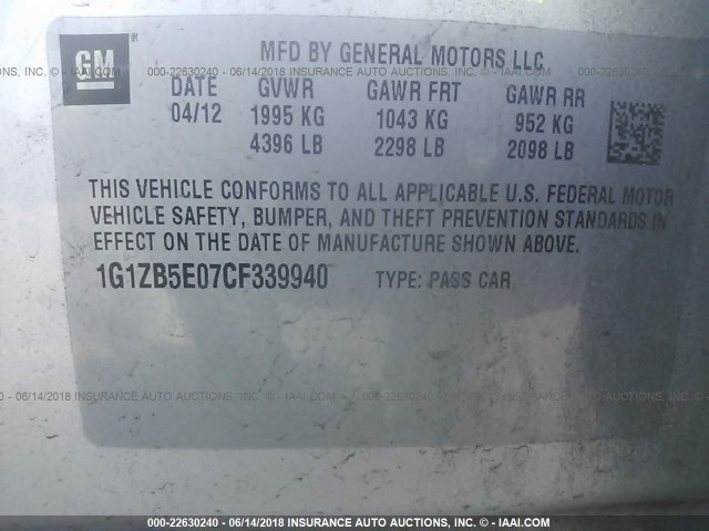 1G1ZB5E07CF339940 - 2012 CHEVROLET MALIBU LS Gümüş foto 9