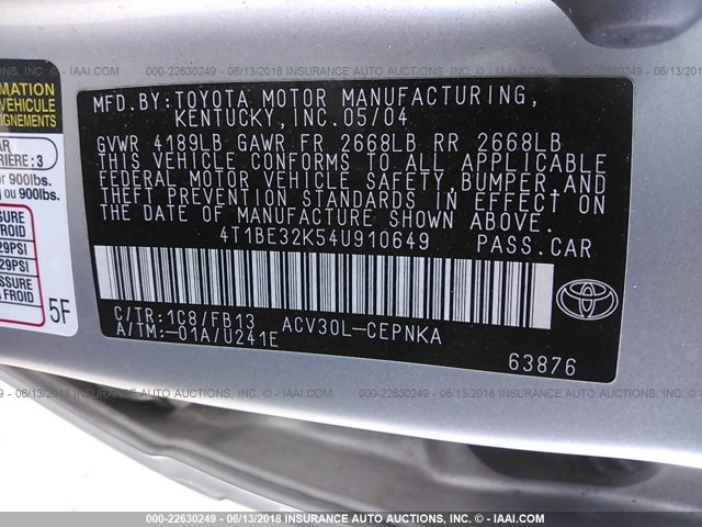 4T1BE32K54U910649 - 2004 TOYOTA CAMRY LE/XLE/SE 银色 照片 9