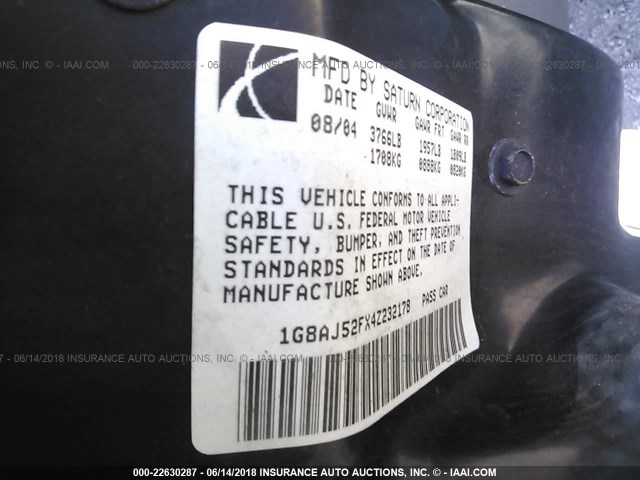 1G8AJ52FX4Z232178 - 2004 SATURN ION LEVEL 2 BLACK photo 9