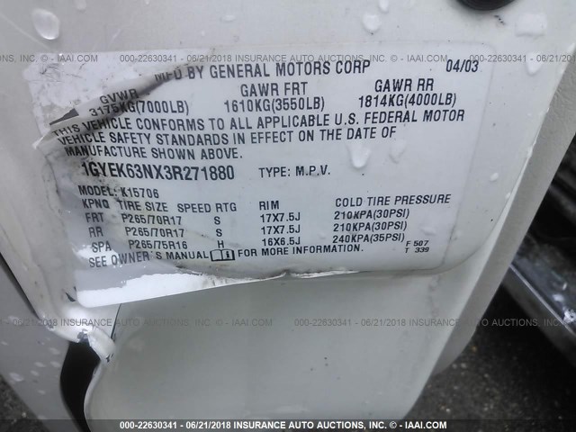 1GYEK63NX3R271880 - 2003 CADILLAC ESCALADE LUXURY أبيض صورة 9