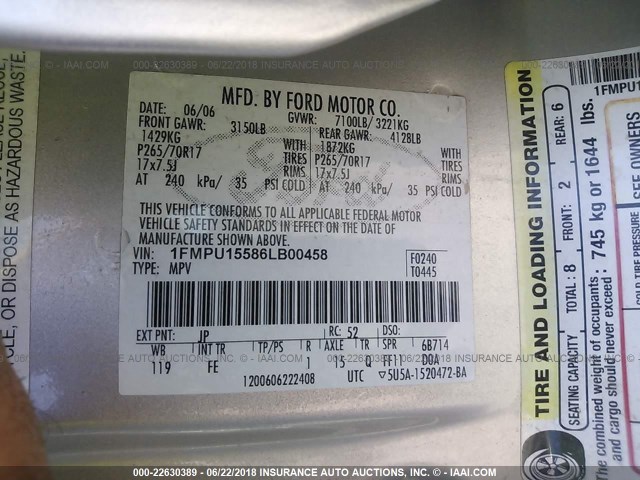 1FMPU15586LB00458 - 2006 FORD EXPEDITION XLT SILVER photo 9