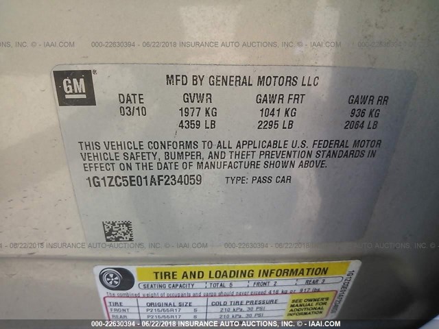 1G1ZC5E01AF234059 - 2010 CHEVROLET MALIBU 1LT ვერცხლისფერი ფოტო 9