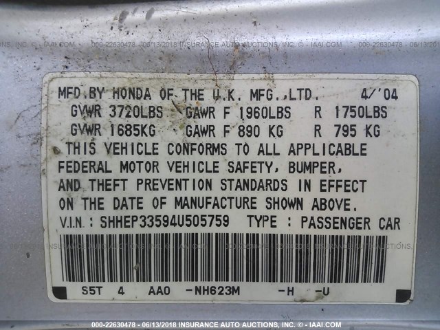 SHHEP33594U505759 - 2004 HONDA CIVIC SI SILVER photo 9