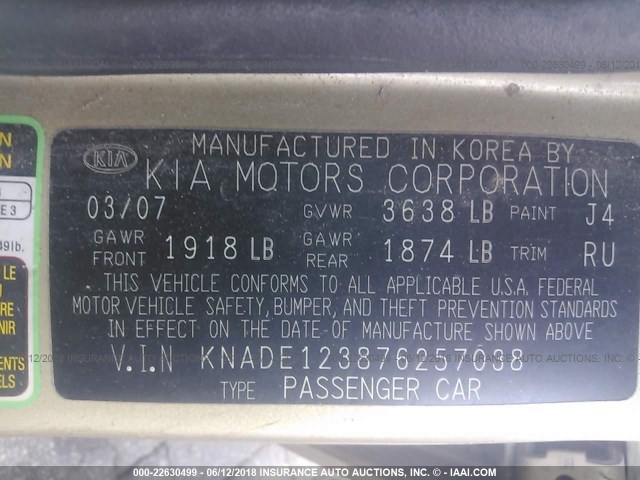 KNADE123876257038 - 2007 KIA RIO LX/SX GOLD photo 9