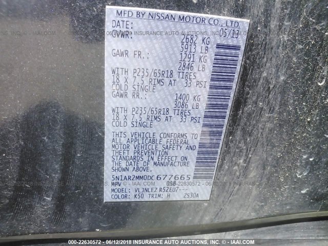 5N1AR2MM0DC677665 - 2013 NISSAN PATHFINDER S/SV/SL/PLATINUM 灰色 照片 9