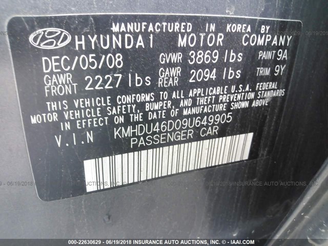 KMHDU46D09U649905 - 2009 HYUNDAI ELANTRA GLS/SE GRAY photo 9