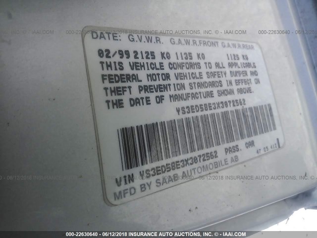 YS3ED58E3X3072562 - 1999 SAAB 9-5 SILVER photo 9