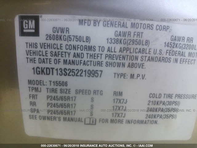 1GKDT13S252219957 - 2005 GMC ENVOY GOLD photo 9