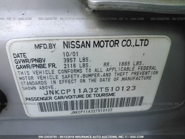 JNKCP11A32T510123 - 2002 INFINITI G20 SILVER photo 9