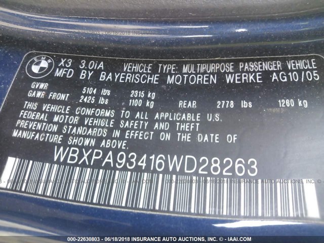 WBXPA93416WD28263 - 2006 BMW X3 3.0I BLUE photo 9