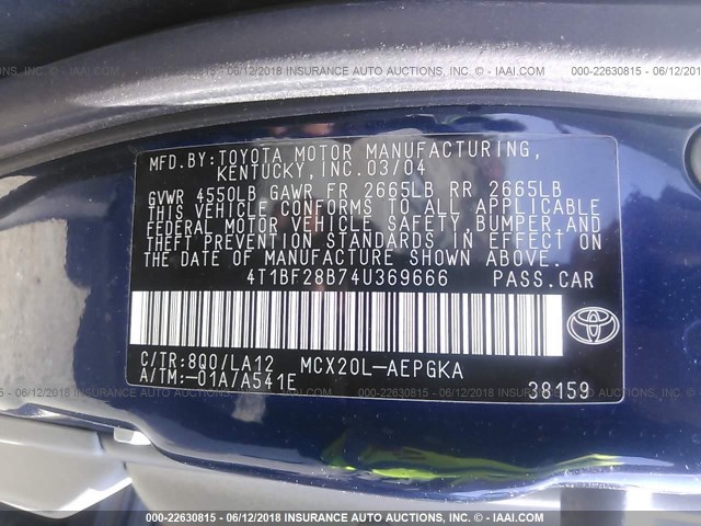 4T1BF28B74U369666 - 2004 TOYOTA AVALON XL/XLS BLUE photo 9