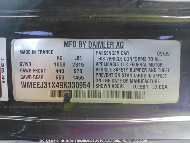 WMEEJ31X49K330954 - 2009 SMART FORTWO PURE/PASSION BLACK photo 9