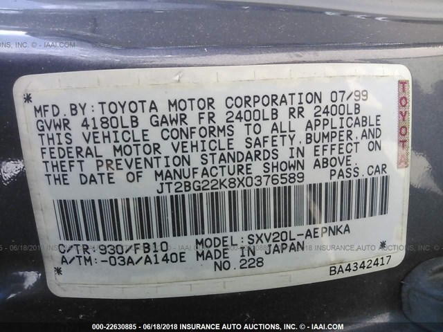 JT2BG22K8X0376589 - 1999 TOYOTA CAMRY LE/XLE GRAY photo 9