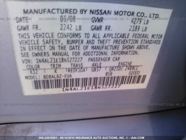 1N4AL21E18N527227 - 2008 NISSAN ALTIMA 2.5/2.5S SILVER photo 9