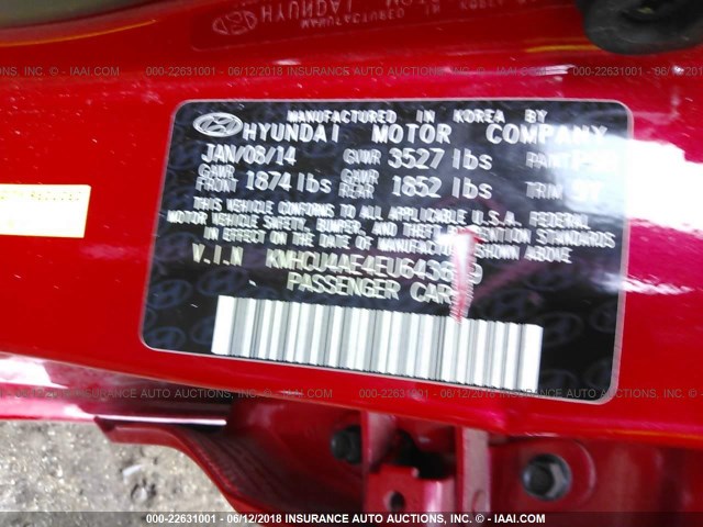 KMHCU4AE4EU643689 - 2014 HYUNDAI ACCENT GLS/SE RED photo 9