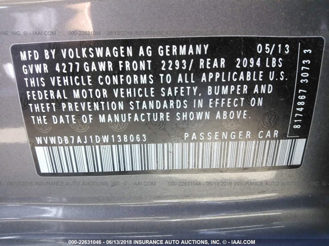 WVWDB7AJ1DW138063 - 2013 VOLKSWAGEN GOLF GRAY photo 9