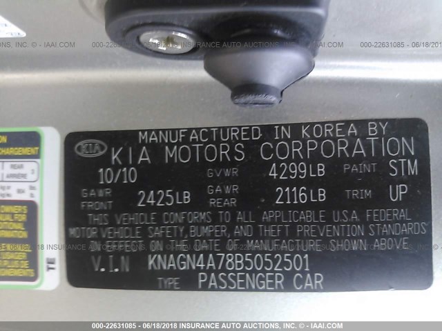 KNAGN4A78B5052501 - 2011 KIA OPTIMA EX/SX SILVER photo 9