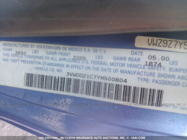 3VWDD21C7YM500804 - 2000 VOLKSWAGEN NEW BEETLE GLX 蓝色 照片 9