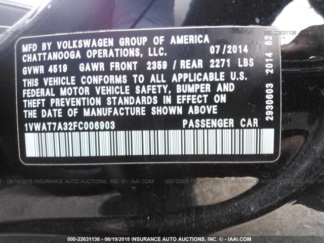 1VWAT7A32FC006903 - 2015 VOLKSWAGEN PASSAT S BLACK photo 9