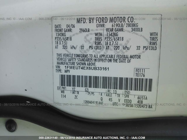 1FMEU74EX6UB33161 - 2006 FORD EXPLORER EDDIE BAUER WHITE photo 9