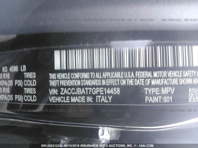 ZACCJBAT7GPE14458 - 2016 JEEP RENEGADE SPORT Սև լուսանկար 9