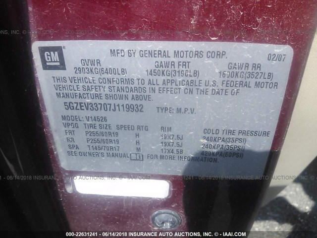 5GZEV33707J119932 - 2007 SATURN OUTLOOK SPECIAL 栗色 照片 9