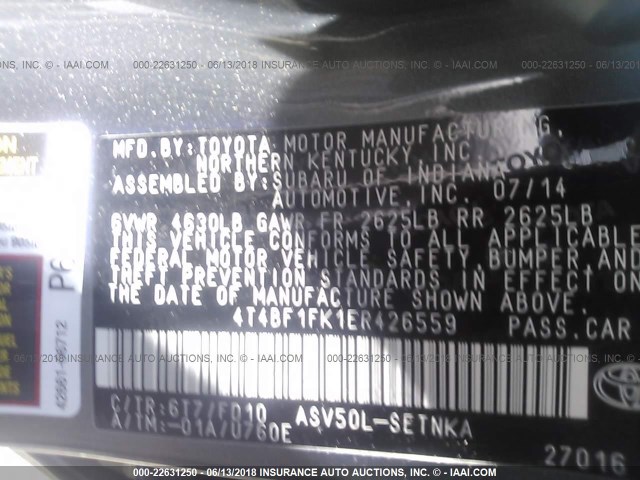 4T4BF1FK1ER426559 - 2014 TOYOTA CAMRY L/SE/LE/XLE 灰色 照片 9