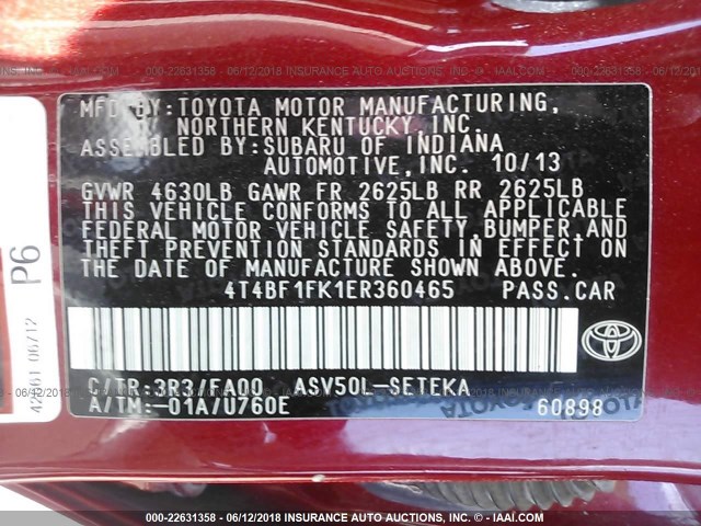 4T4BF1FK1ER360465 - 2014 TOYOTA CAMRY L/SE/LE/XLE RED photo 9
