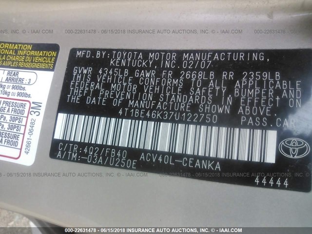 4T1BE46K37U122750 - 2007 TOYOTA CAMRY NEW GENERAT CE/LE/XLE/SE GRAY photo 9