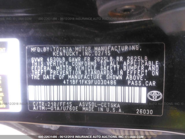 4T1BF1FK9FU030486 - 2015 TOYOTA CAMRY LE/XLE/SE/XSE 黑色 照片 9