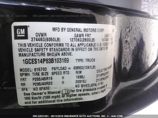 1GCES14P83B103169 - 2003 CHEVROLET SSR 黑色 照片 9