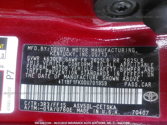 4T1BF1FK0DU701959 - 2013 TOYOTA CAMRY L/SE/LE/XLE 红色 照片 9