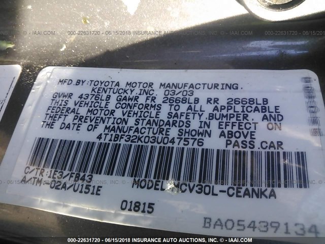 4T1BF32K03U047576 - 2003 TOYOTA CAMRY LE/XLE/SE Boz foto 9