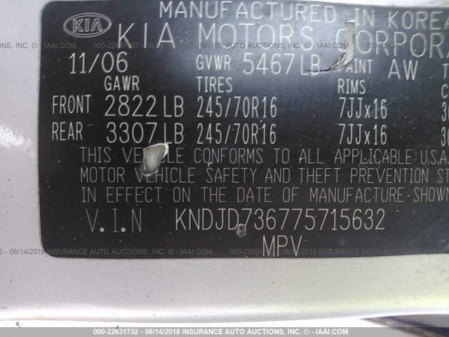 KNDJD736775715632 - 2007 KIA SORENTO EX/LX SILVER photo 9