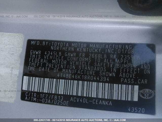 4T4BE46K18R044394 - 2008 TOYOTA CAMRY CE/LE/XLE/SE SILVER photo 9