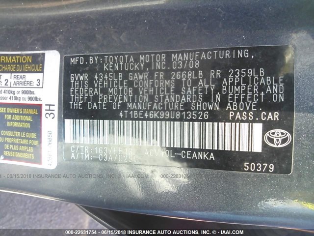 4T1BE46K99U813526 - 2009 TOYOTA CAMRY SE/LE/XLE GRAY photo 9